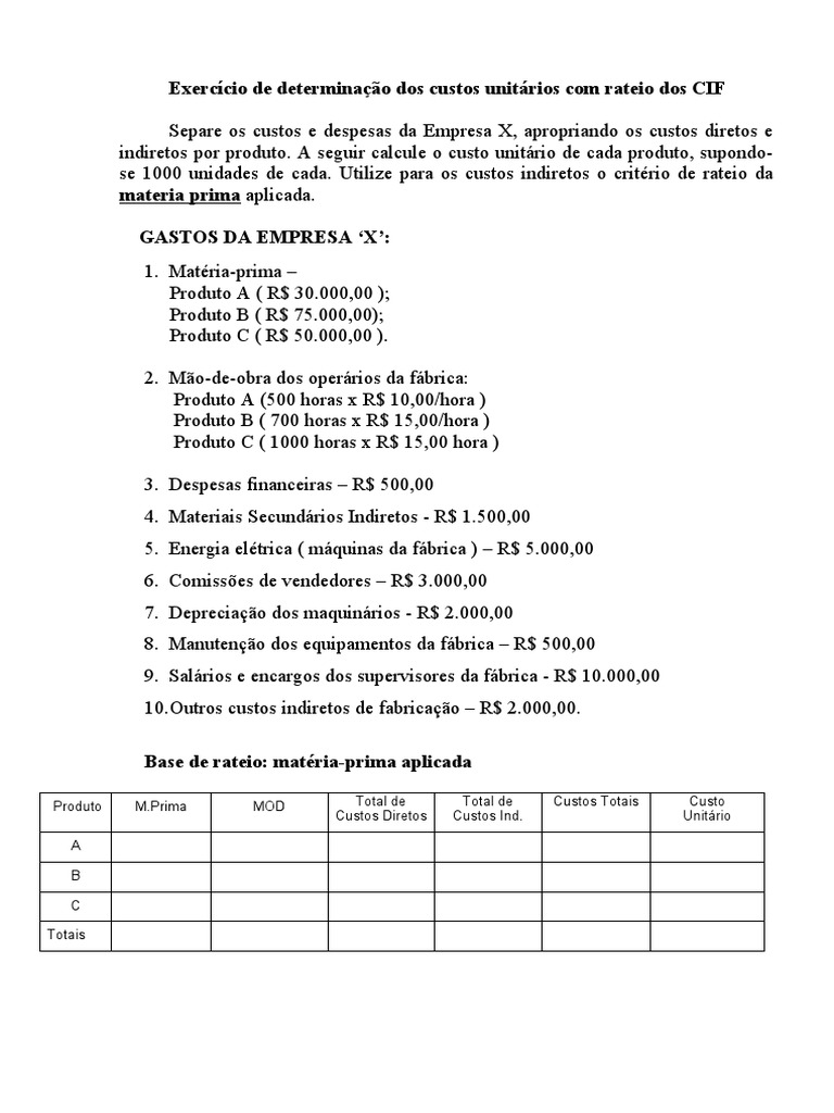 Cálculo de Custos Unitários com Rateio CIF | PDF