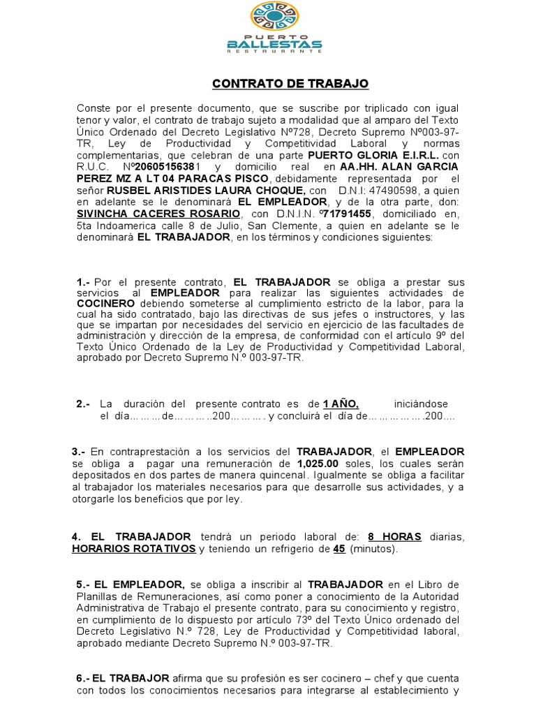 Contrato de Trabajo Cocinero 2023 | PDF | Derecho laboral