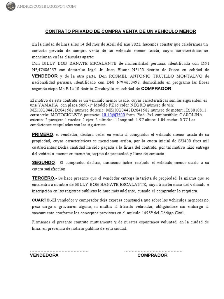 Contrato de Compra Venta de Motocicleta | PDF | Transporte | Vehículo ...