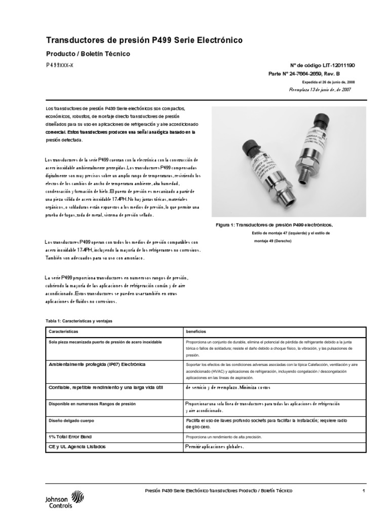 Transductor de Presión P499 Johnson Controls En.es PDF