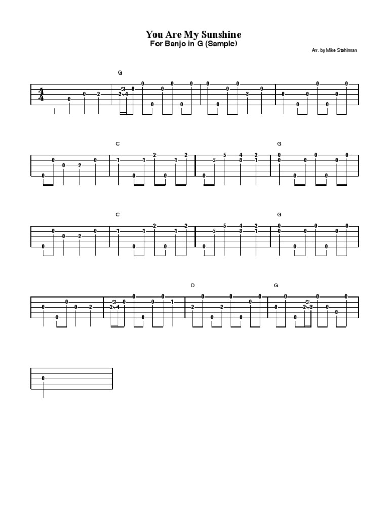 You Are My Sunshine Banjo Tab Key G PDF