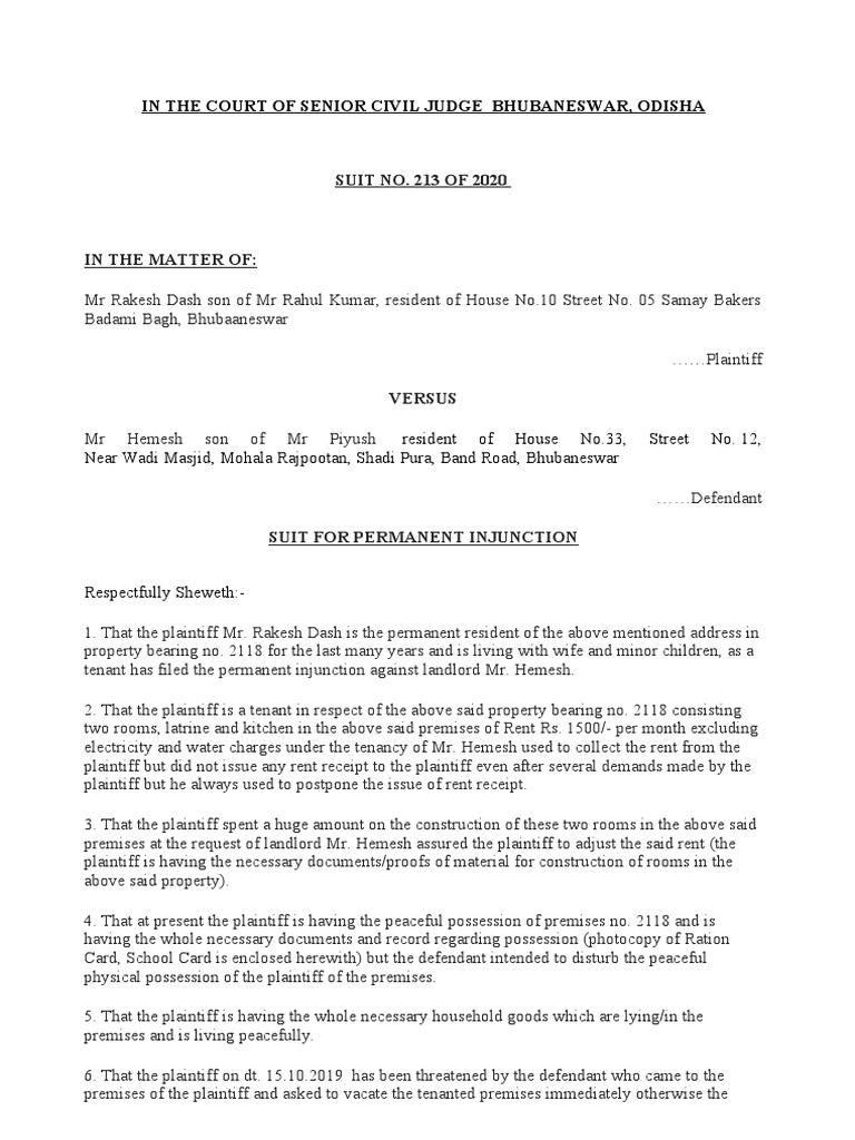 Suit For Permanent Injunction | PDF | Lawsuit | Leasehold Estate