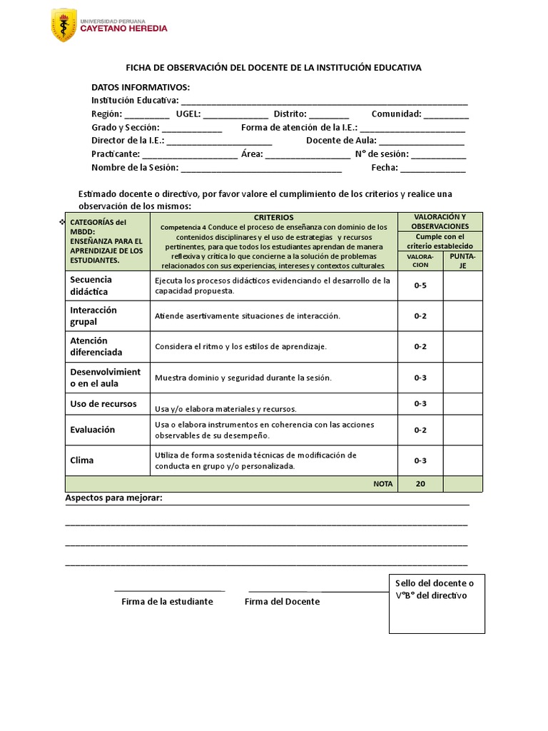 Docente. FICHA DE EVALUACIÓN PARA USO DEL DOCENTE DE AULA | PDF ...
