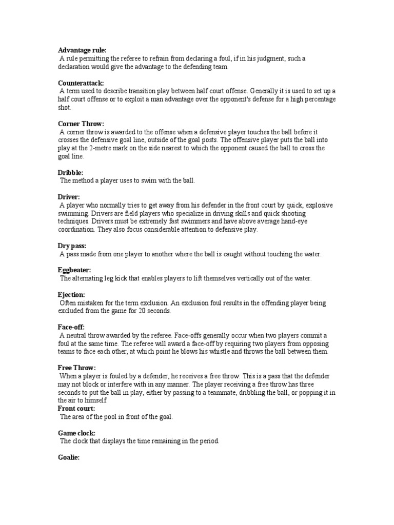 Water Polo Terms PDF Gaming Teams