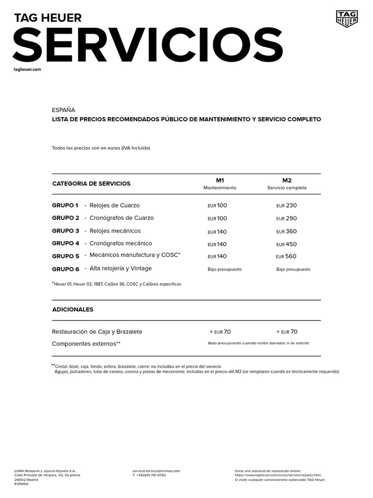 Precios de Servicio TAG Heuer en Madrid | PDF | Herramientas portátiles ...