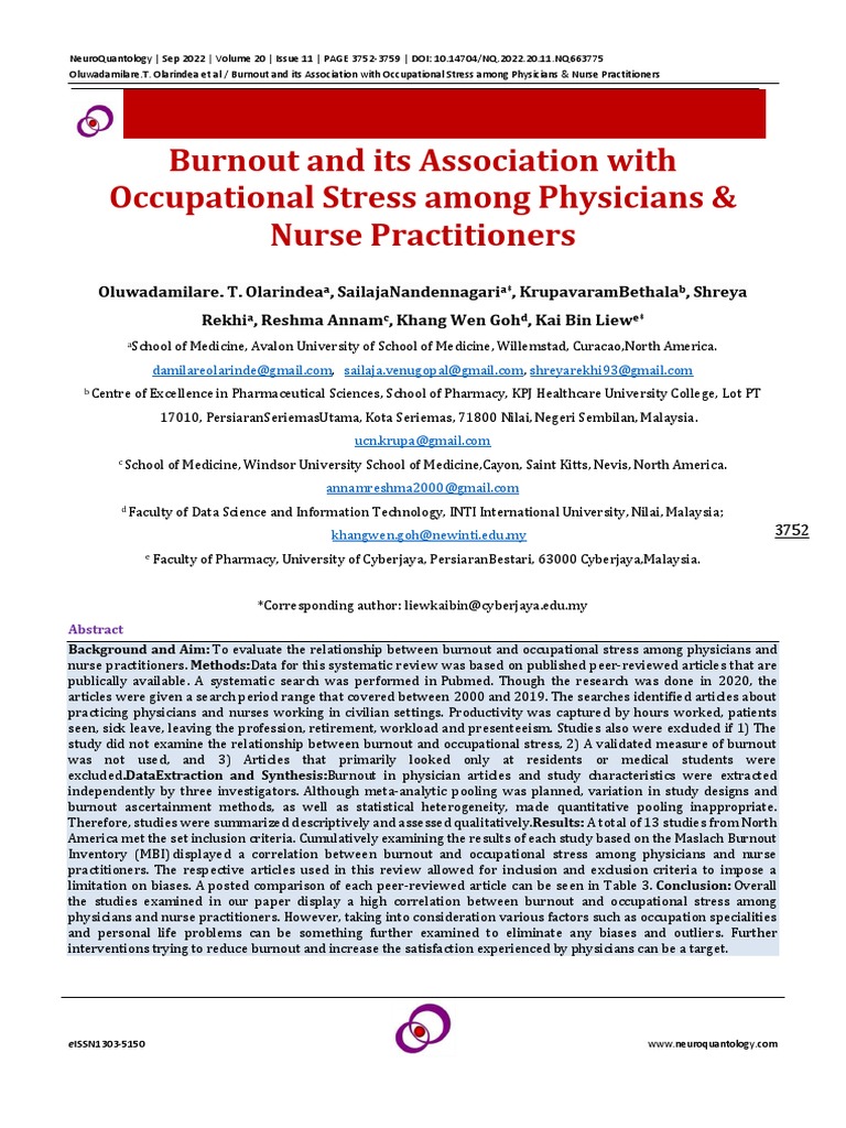 Burnout & It's Association With Occupational Stress Among Physicians ...