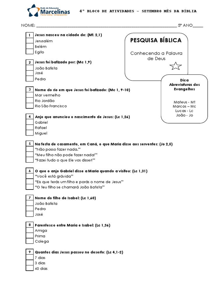 Questões Bíblicas sobre a Vida e Ensinamentos de Jesus | PDF | Jesus ...