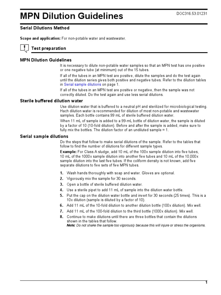 MPN Dilution Guidelines Serial Dilutions Method PDF Water Sewage