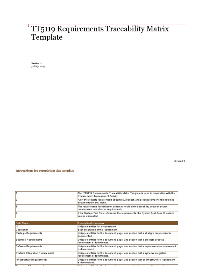 Requirements Traceability Matrix Template with Instructions for