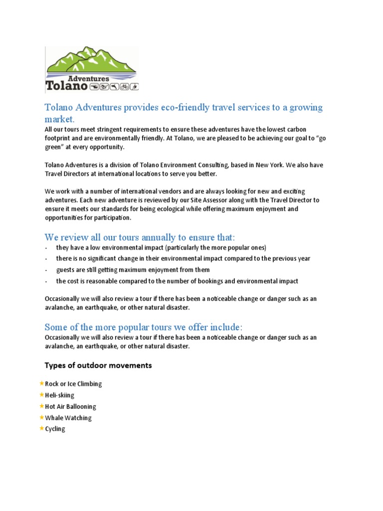 Eco Friendly Adventures By Tolano Pdf Business Cooking Food Wine