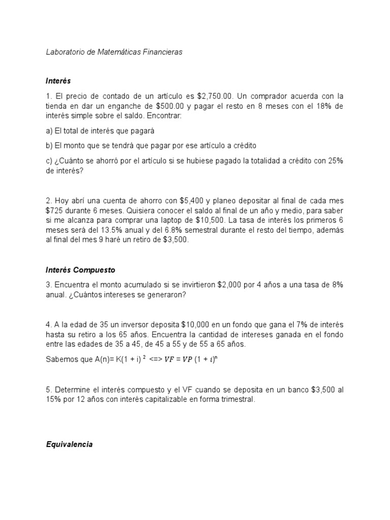 Ejercicios de Matemáticas Financieras | PDF | Interés | Tasas de interés