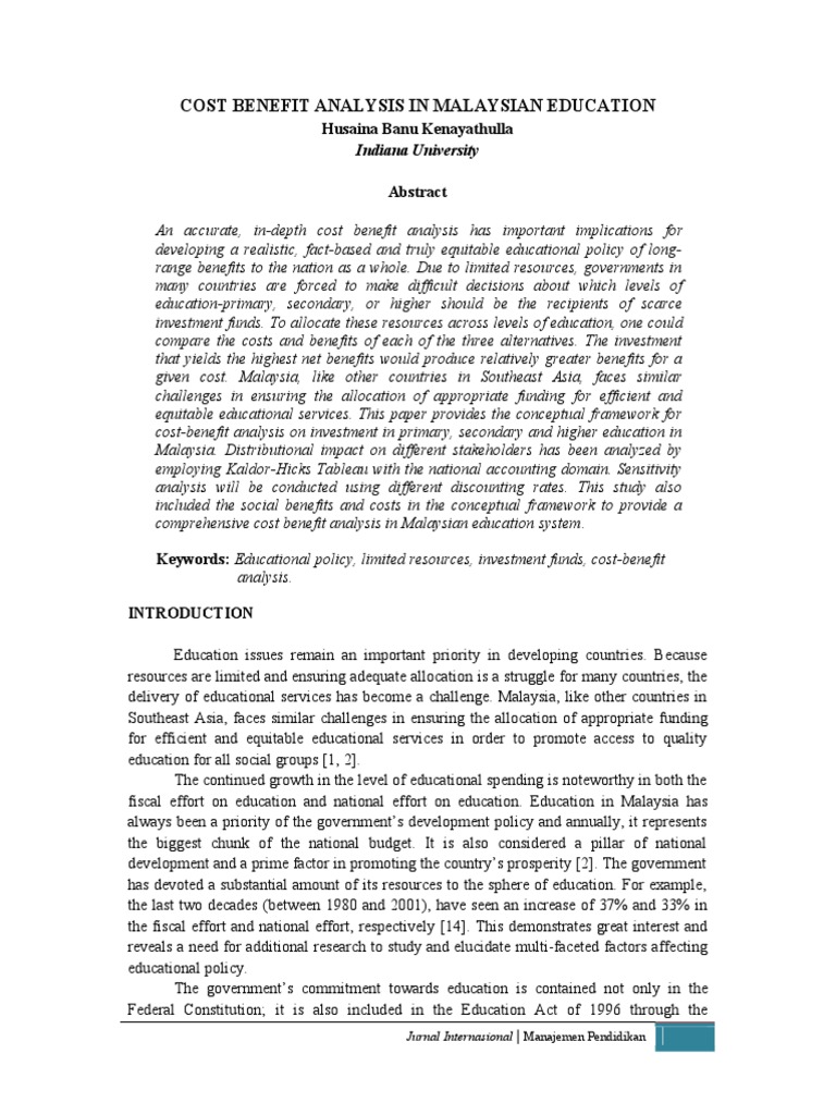 Cost Benefit Analysis in Malaysia Educational - Vol 4, No 02 (2010 ...