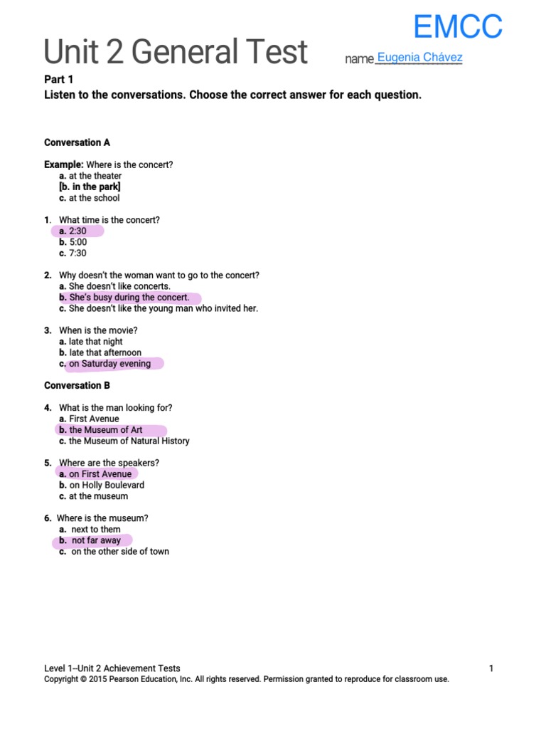 Top Notch 1 Unit 2 Assessment PDF