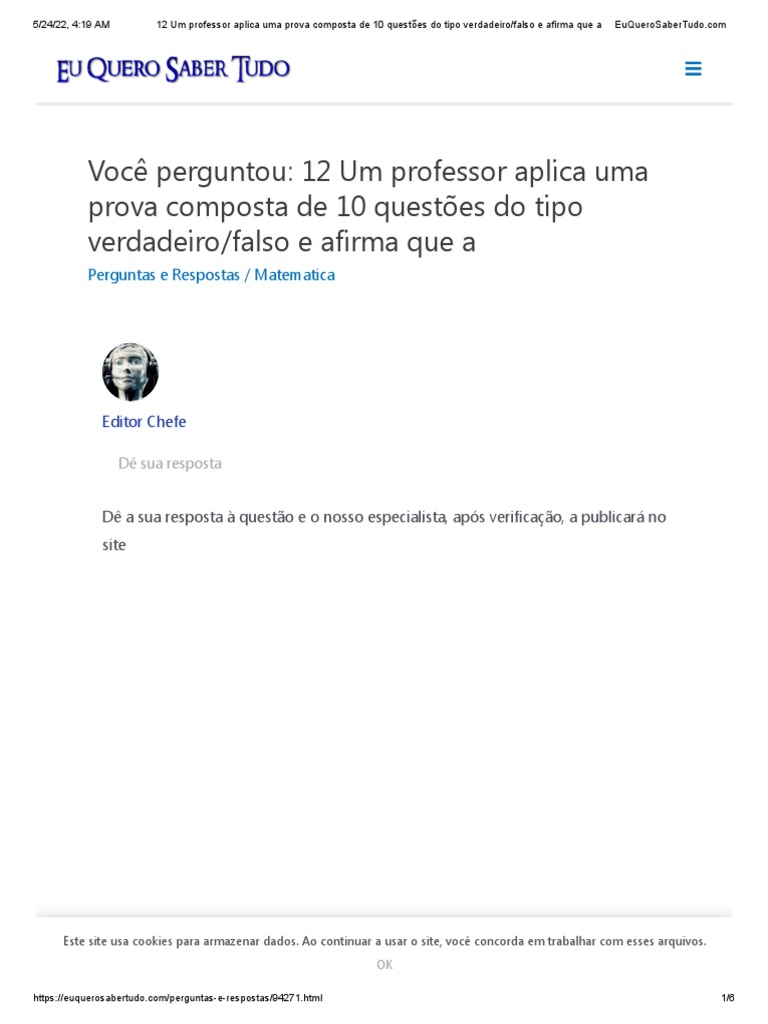 12 Um Professor Aplica Uma Prova Composta de 10 Questões Do Tipo ...
