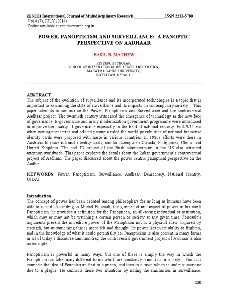 Power, Panopticism and Surveillance A Panoptic Perspective On Aadhaar PDF Biometrics