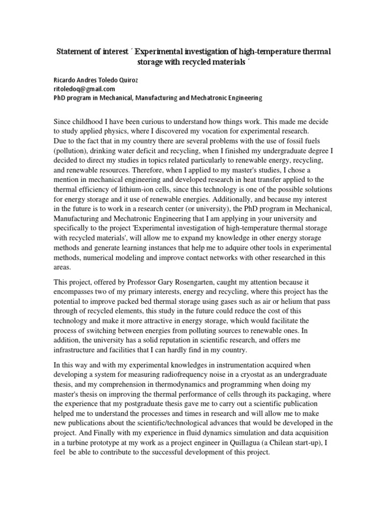 Statement of Interest RMIT PDF Mechanical Engineering Recycling
