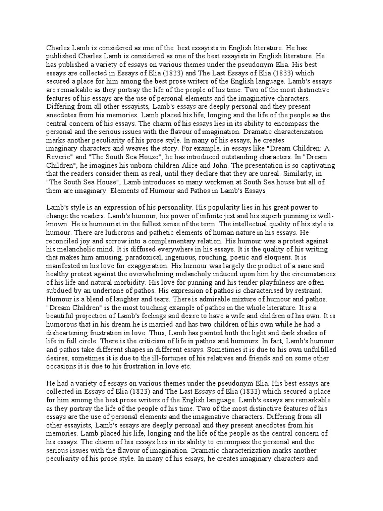 Charles Lamb Is Considered As One of The Best Essayists in English