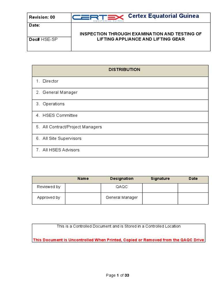 Inspection, Through Examination and Testing of Lifting Appliance and