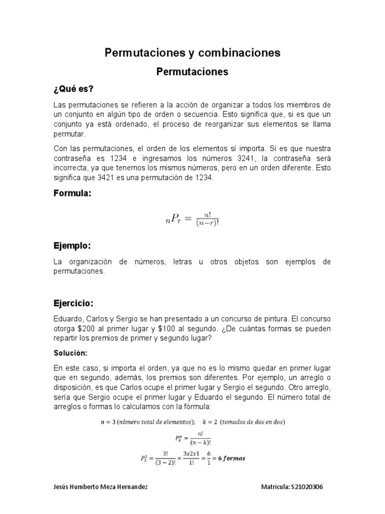 Permutaciones y Combinaciones: Ejemplos y Fórmulas | PDF | Permutación ...