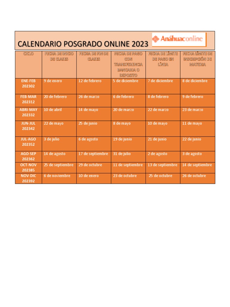 Calendario Anahuac Posgrado 2023 PDF