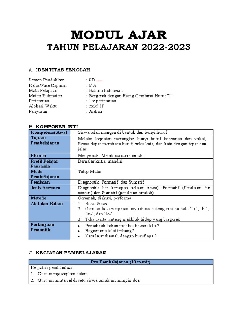 Modul Ajar Bahasa Indonesia Kelas I | PDF | Karier & Perkembangan ...