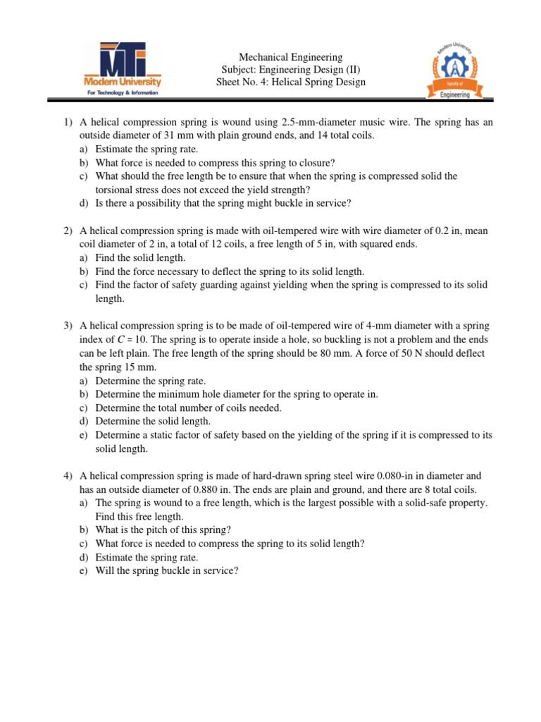 Sheet No. 4 Helical Spring Design 1 PDF Buckling Strength Of Materials