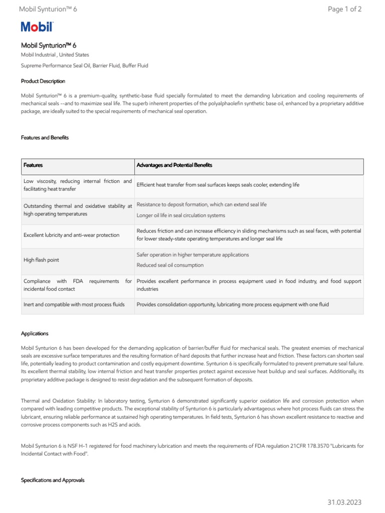 GL XX Mobil Synturion 6 | PDF | Lubricant | Heat Transfer