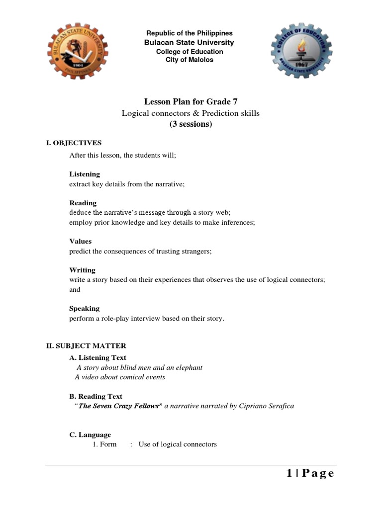 Grade 7 Lesson Plan: Connectors & Predictions | PDF | Prayer | Deer