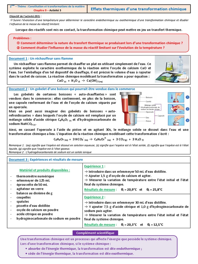 Effets Thermiques des Transformations Chimiques | PDF | Chimie | Eau