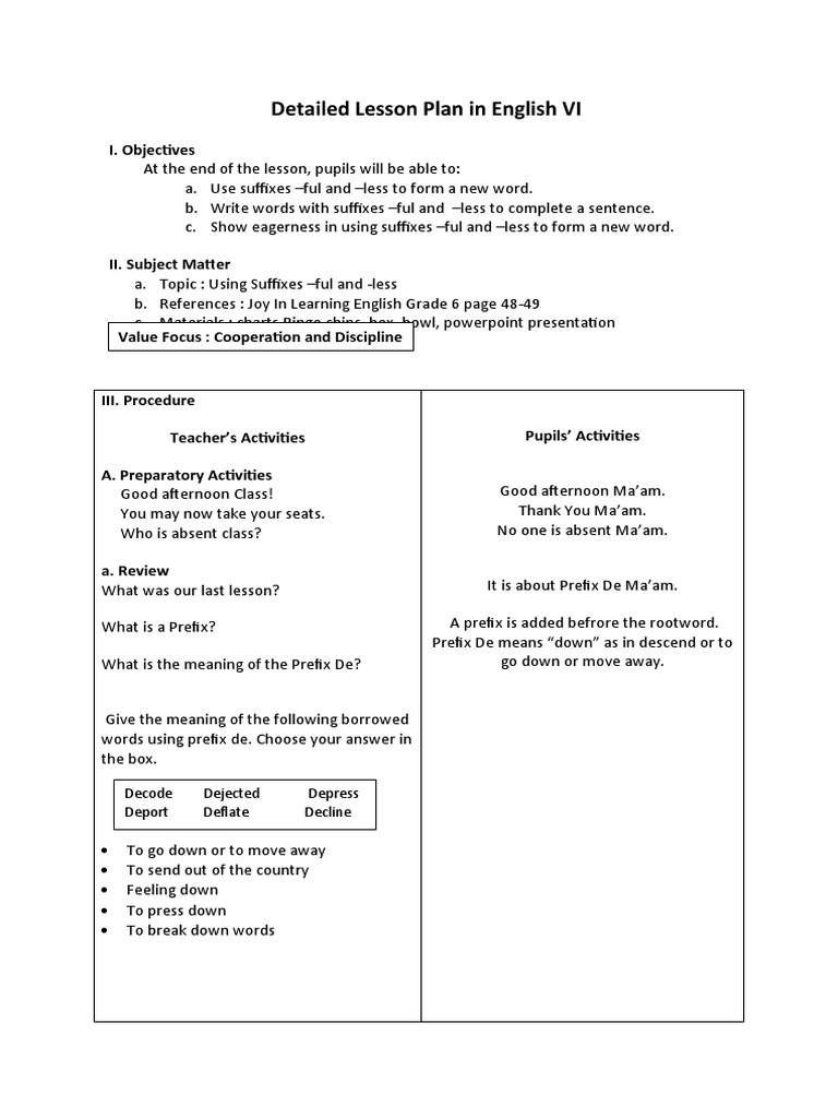 Detailed Lesson Plan in English VI | PDF | Cognition | Linguistics