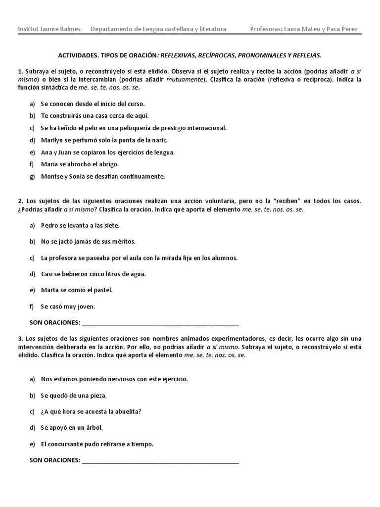 Oraciones Reflexivas y Recíprocas | PDF | Pronombre | Comunicación humana