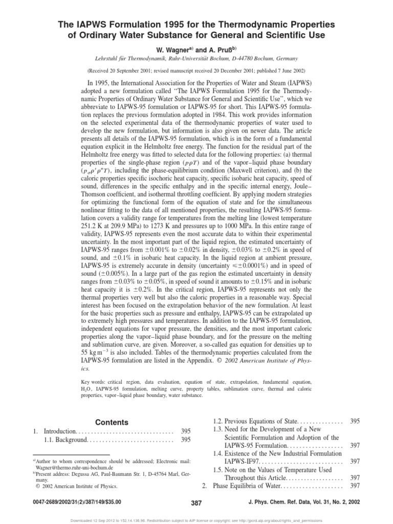 Wagner 1999 Artice About IAPWS-95 | PDF | Science & Mathematics ...