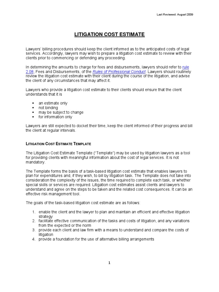 Litigation Cost Estimate Template Brief (Law) Discovery (Law)