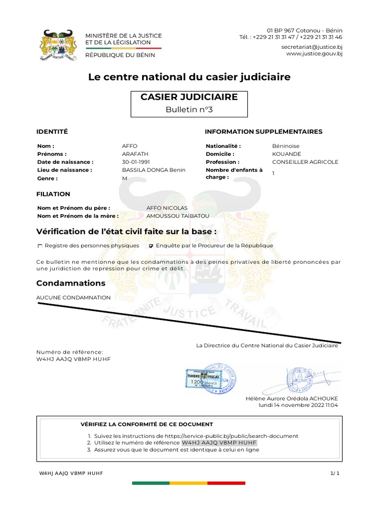 Bulletin n°3 du casier judiciaire au Bénin | PDF | Justice | Crime et ...
