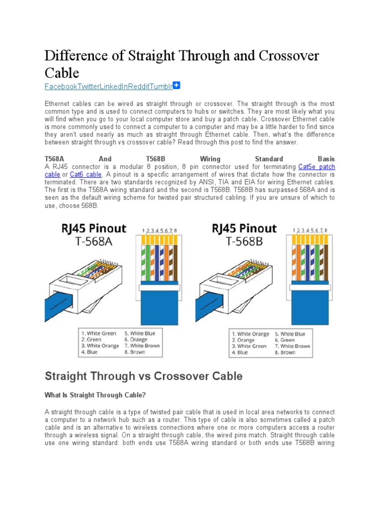 Difference of Straight Through and Crossover Cable PDF Electrical
