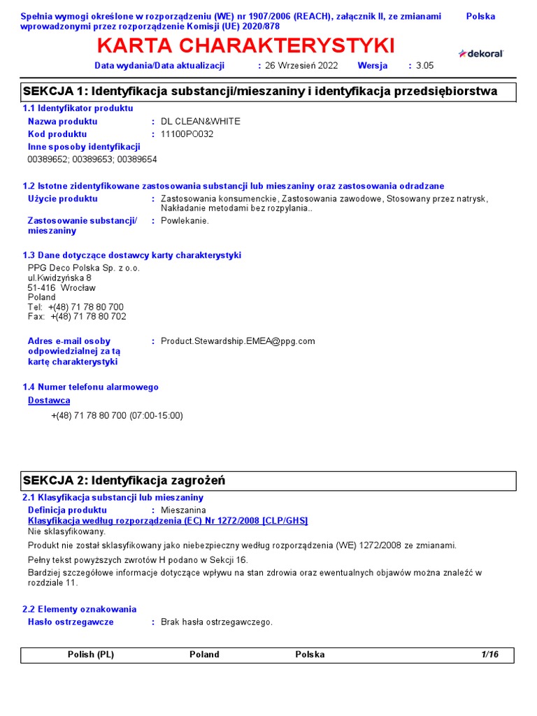 11100po032 - DL Clean White - PPG Eu Sds Reach Poland - PL PL - 2022 ...