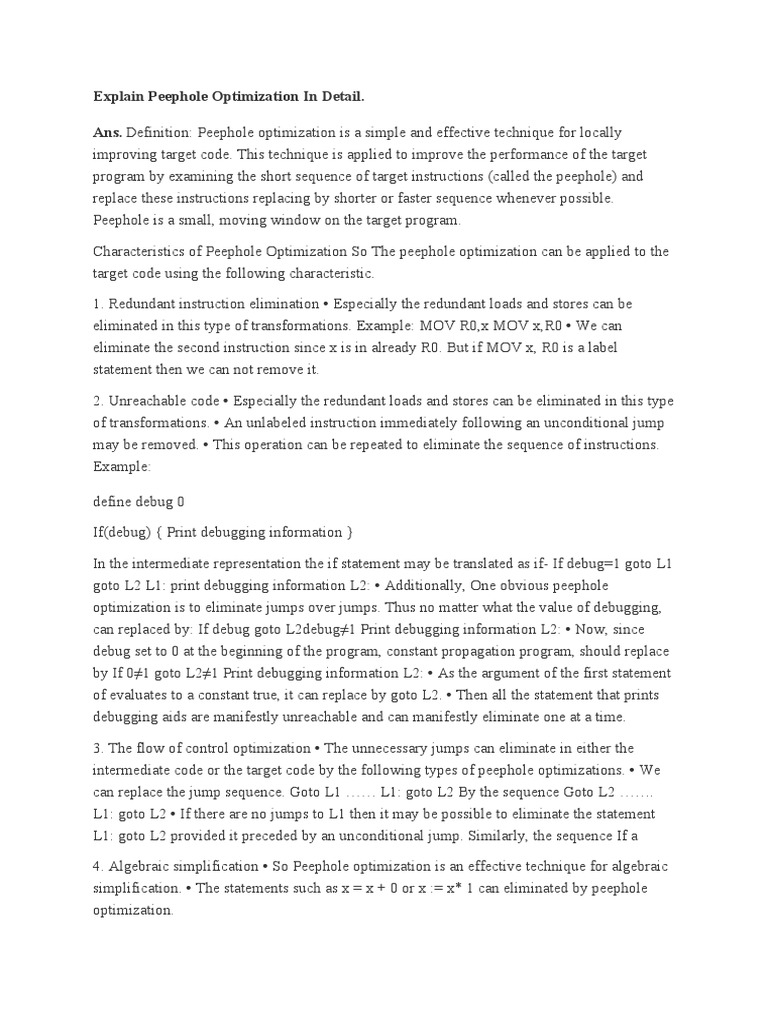 Peephole Optimization Techniques Explained | PDF | Program Optimization ...