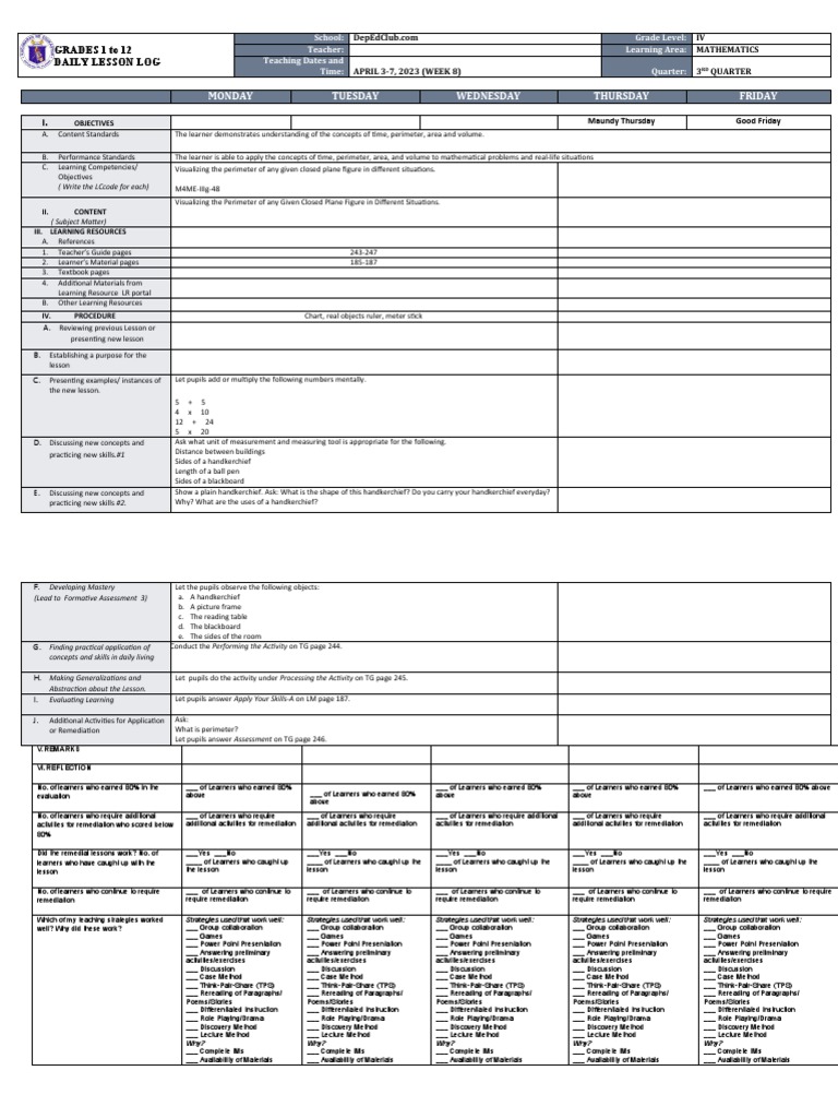 Grade 4 Math Daily Lesson Plan | PDF | Learning | Teachers