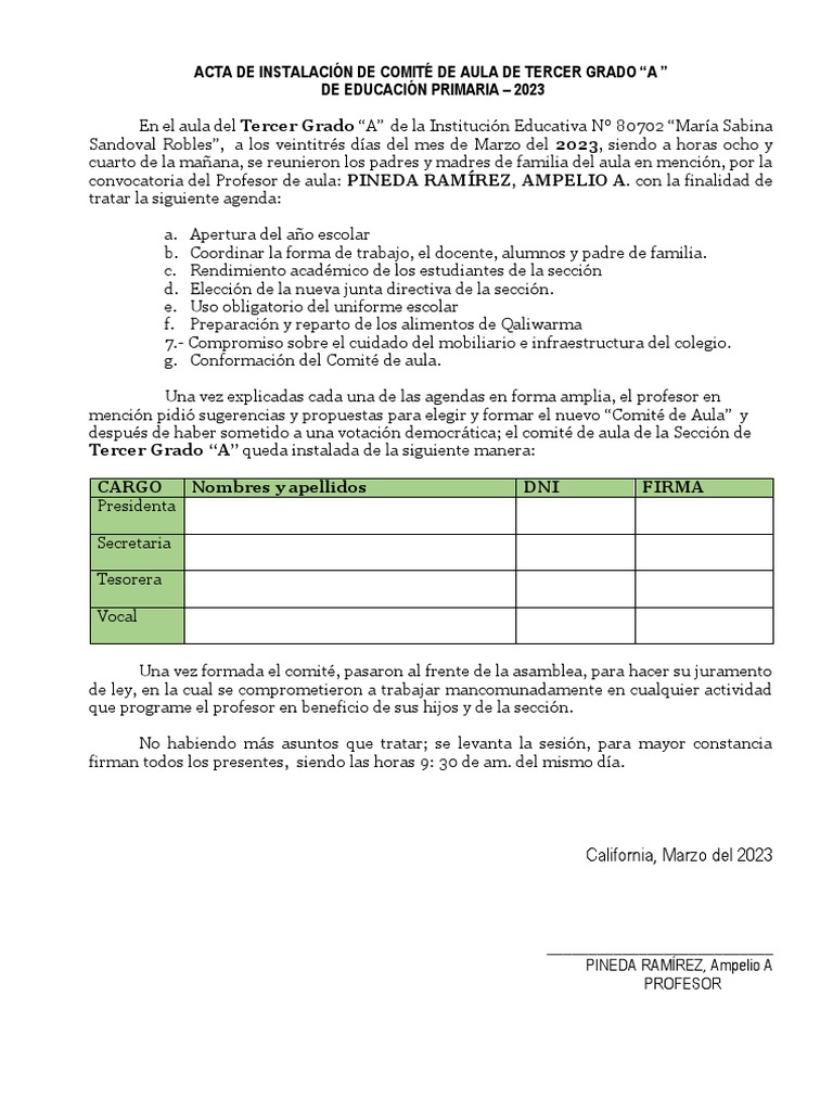 Acta Comité Aula Tercer Grado "A" 2023 | PDF | Salón de clases | Maestros