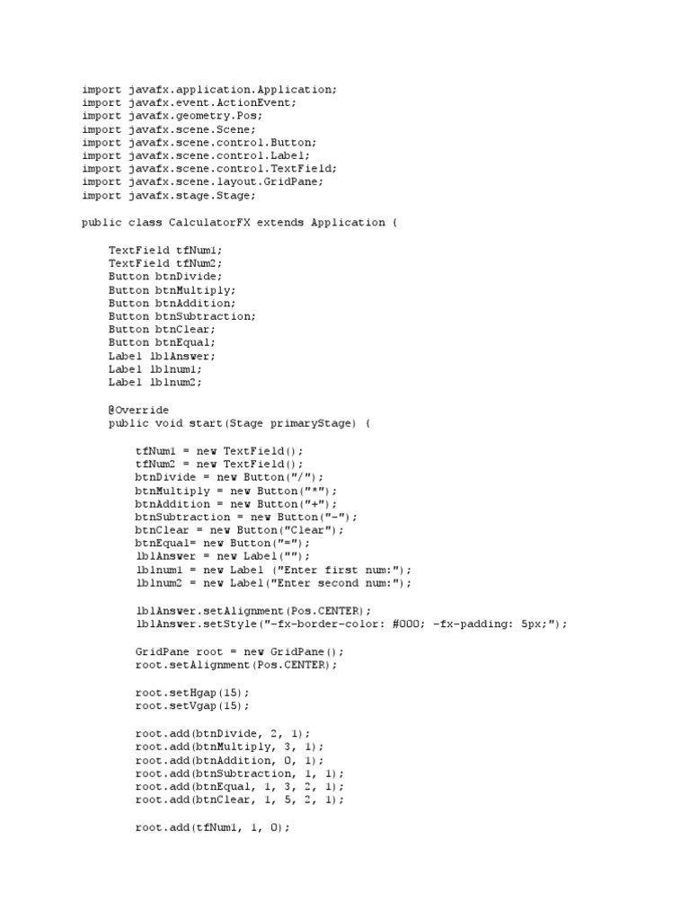 JAVAFX Calculator Code | PDF | Computer Programming | Control Flow