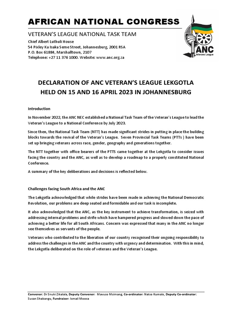 ANCVL Declaration Following Its Two Day Lekgotla | PDF | African ...