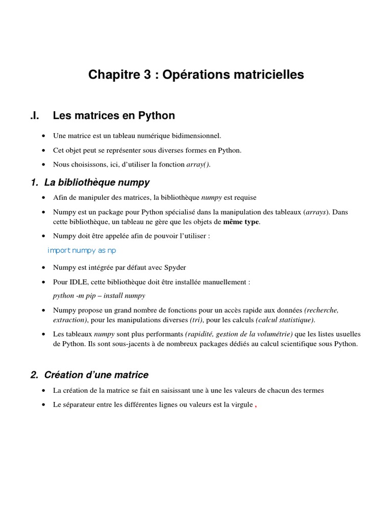 Opérations Matricielles en Python | PDF | Matrice (Mathématiques) | Algèbre