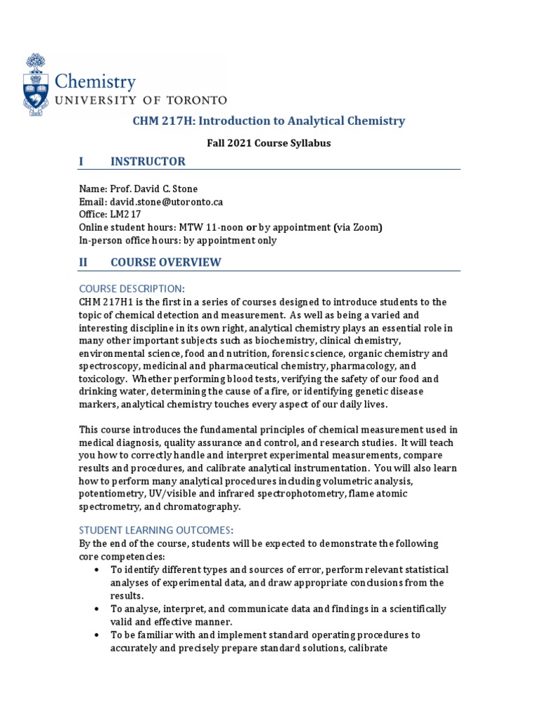 CHM217H1 - Course Syllabus - Fall 2021 - University of Toronto | PDF ...