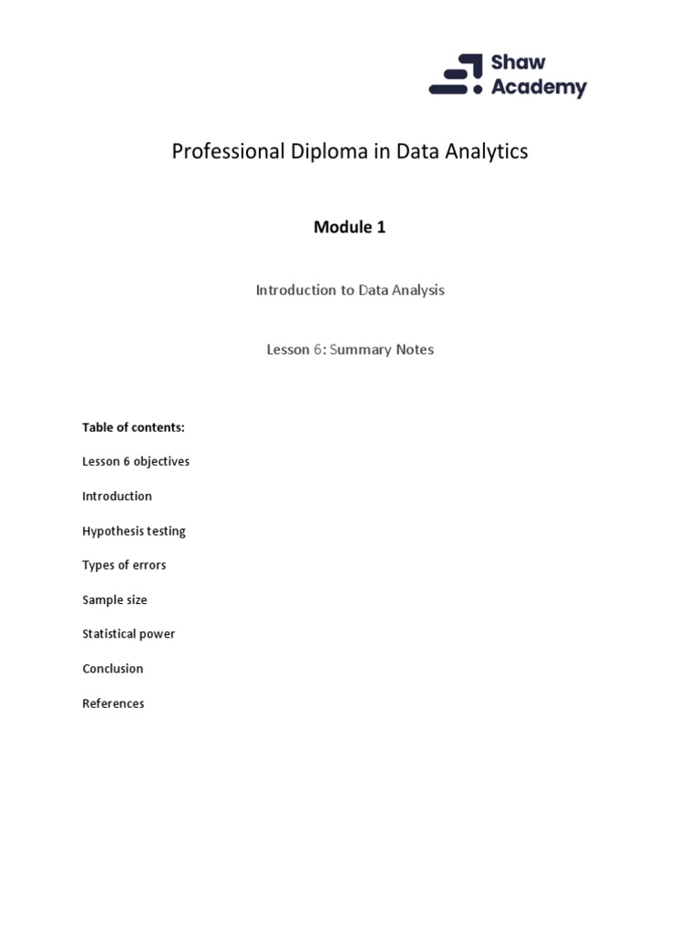 Data Analytics Module 1 Lesson 6 Summary Notes Pdf Statistical