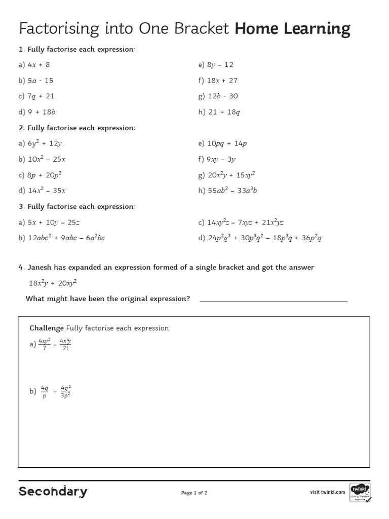 Factorising Into One Bracket Home Learning | PDF
