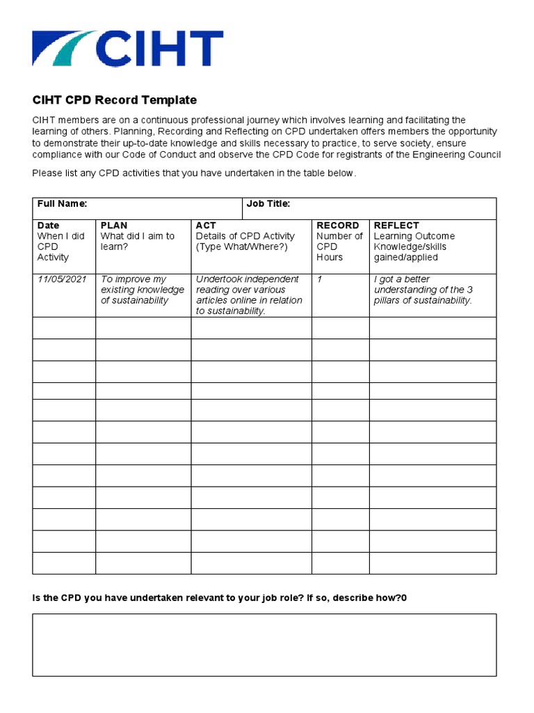CIHT CPD Record Template Guide | PDF