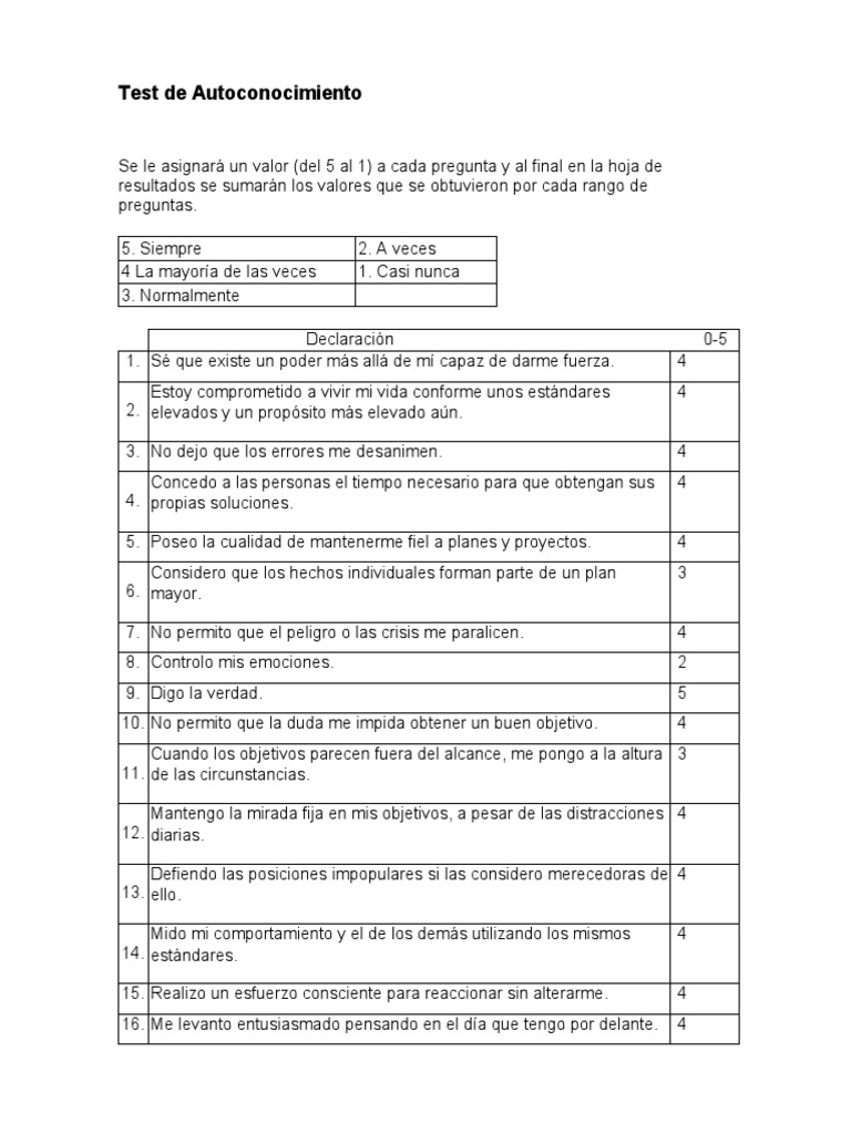 Test de Autoconocimiento Personal | PDF | Relaciones personales ...