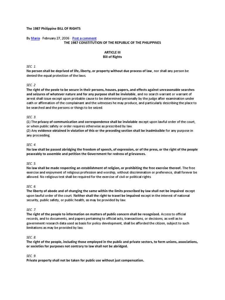 The 1987 Philippine Bill of Rights | PDF | United States Bill Of Rights ...