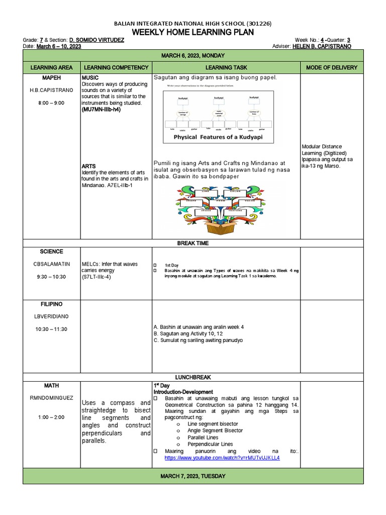 Weekly Home Learning Plan: Balian Integrated National High School ...