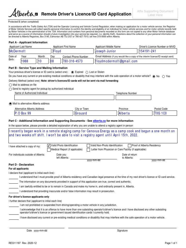 Remote Driver's Licence/ID Card Application: Part A - Applicant ...